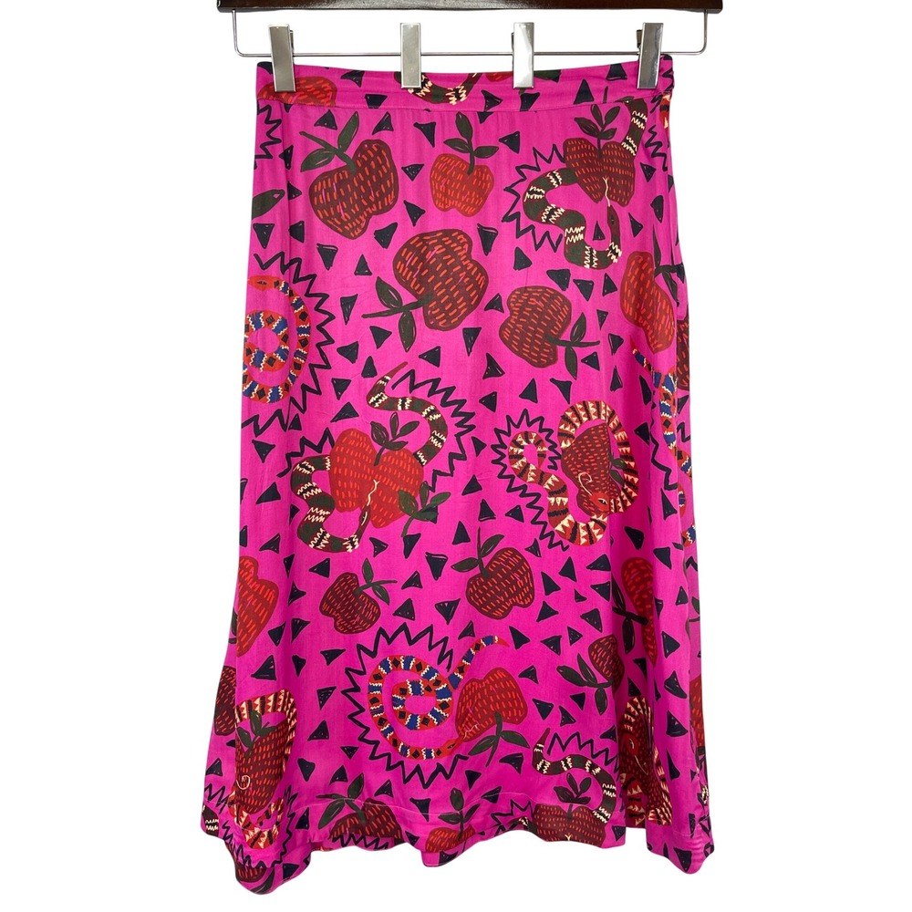 Farm Rio Snake Apple Print Midi Skirt L Pink Boho Eclectic Maximalist Tropical - Picture 3 of 13